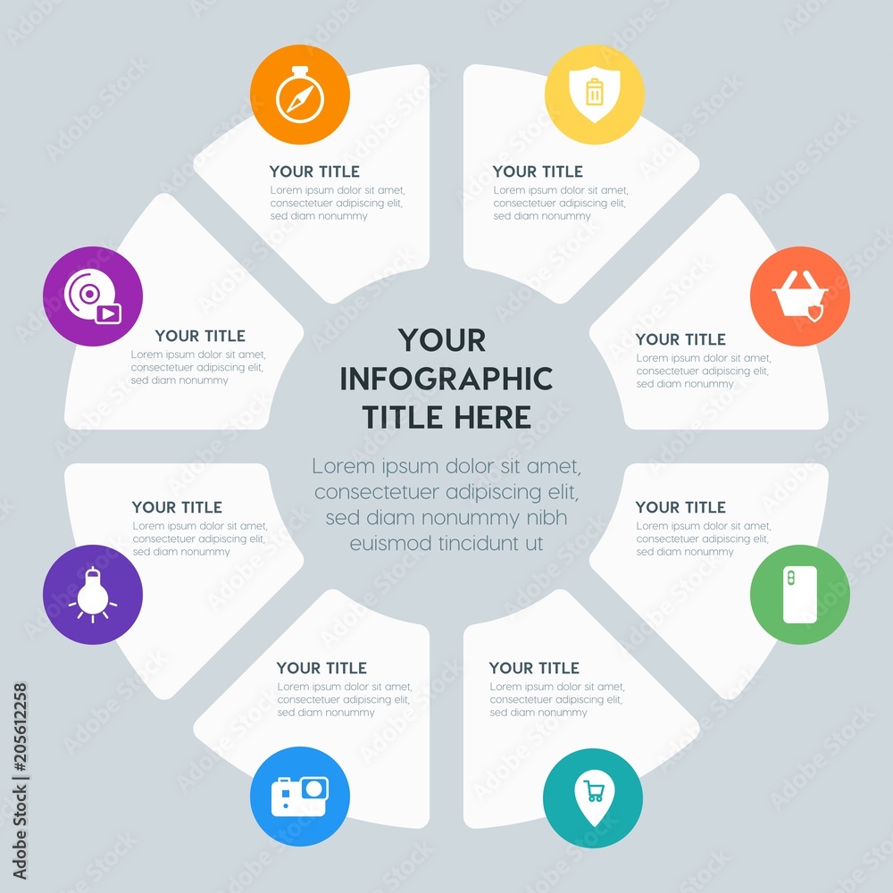 Circle chart location, security, video, photos infographic template with 8 options for presentations, advertising, annual reports Circle chart location, security, video, photos infographic template with 8 options for presentations, advertising, annual reports