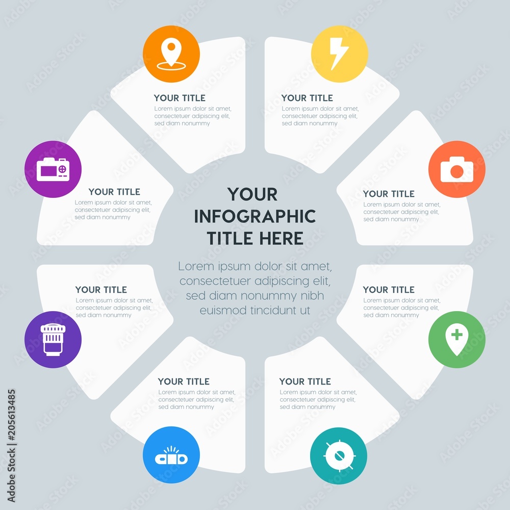 Circle chart location, security, video, photos infographic template with 8 options for presentations, advertising, annual reports Circle chart location, security, video, photos infographic template with 8 options for presentations, advertising, annual reports