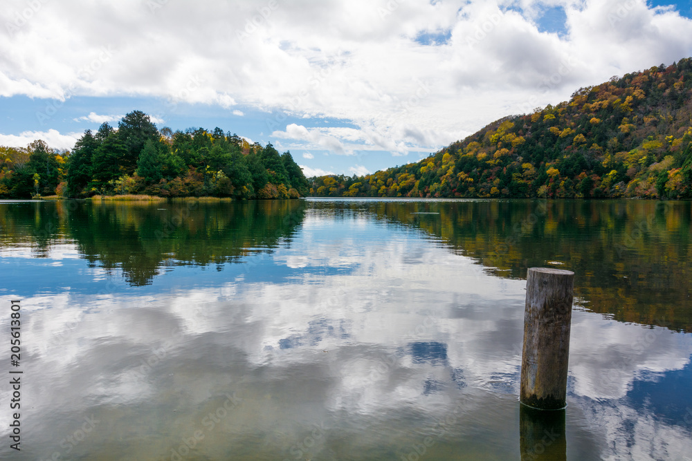 Blue lake and blue sky nature, reflection, fall colors Blue lake and blue sky nature, reflection, fall colors