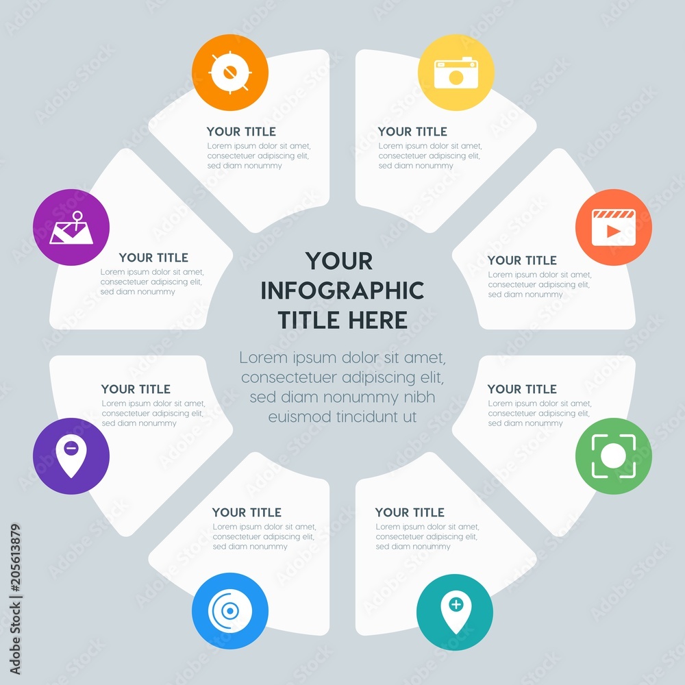 Circle chart location, security, video, photos infographic template with 8 options for presentations, advertising, annual reports Circle chart location, security, video, photos infographic template with 8 options for presentations, advertising, annual reports