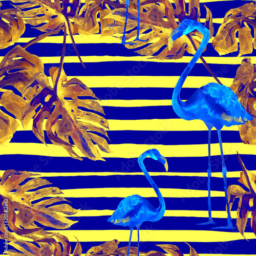 Summer Beach Background. Watercolor Seamless Pattern. Hand Painted Tropic Summer Motif with Hawaiian trees.