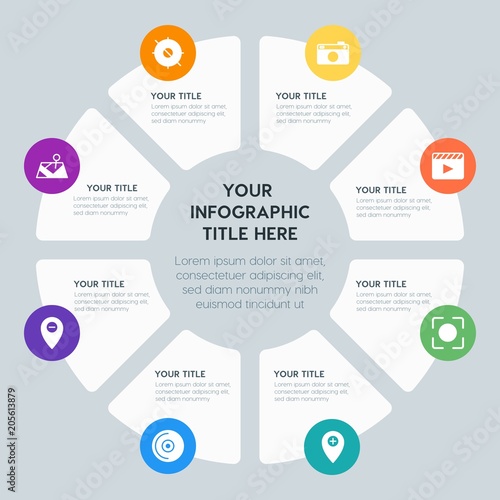 Circle chart location, security, video, photos infographic template with 8 options for presentations, advertising, annual reports