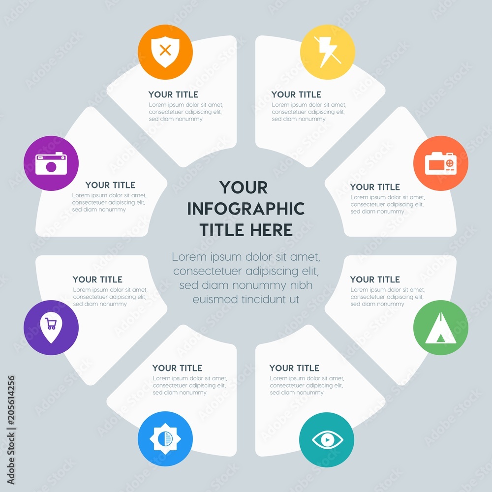 Obraz premium Circle chart location, security, video, photos infographic template with 8 options for presentations, advertising, annual reports
