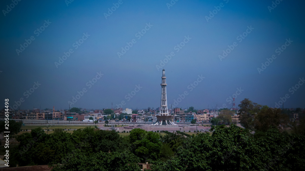 aerial panoramic view to Minar-e-Pakistan, symbol of independence of Pakistan Lahore