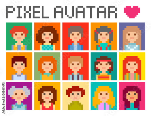 Set of color square avatars in 8 bit  pixel style. Male and female character.