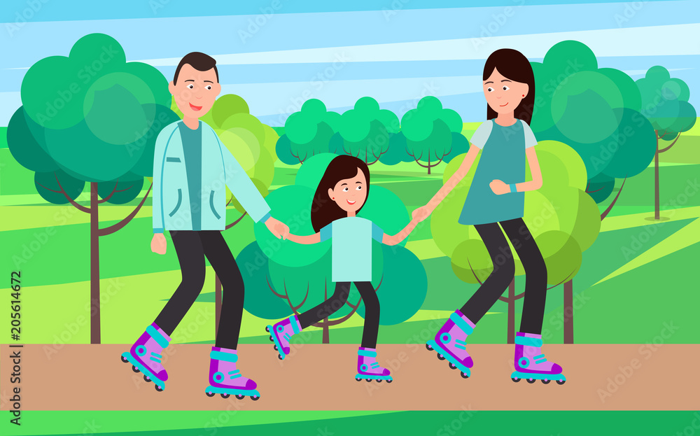 Family Roller Skating Together Vector Illustration