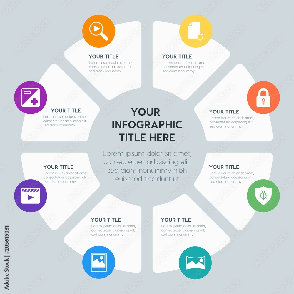 Circle chart location, security, video, photos infographic template with 8 options for presentations, advertising, annual reports Circle chart location, security, video, photos infographic template with 8 options for presentations, advertising, annual reports