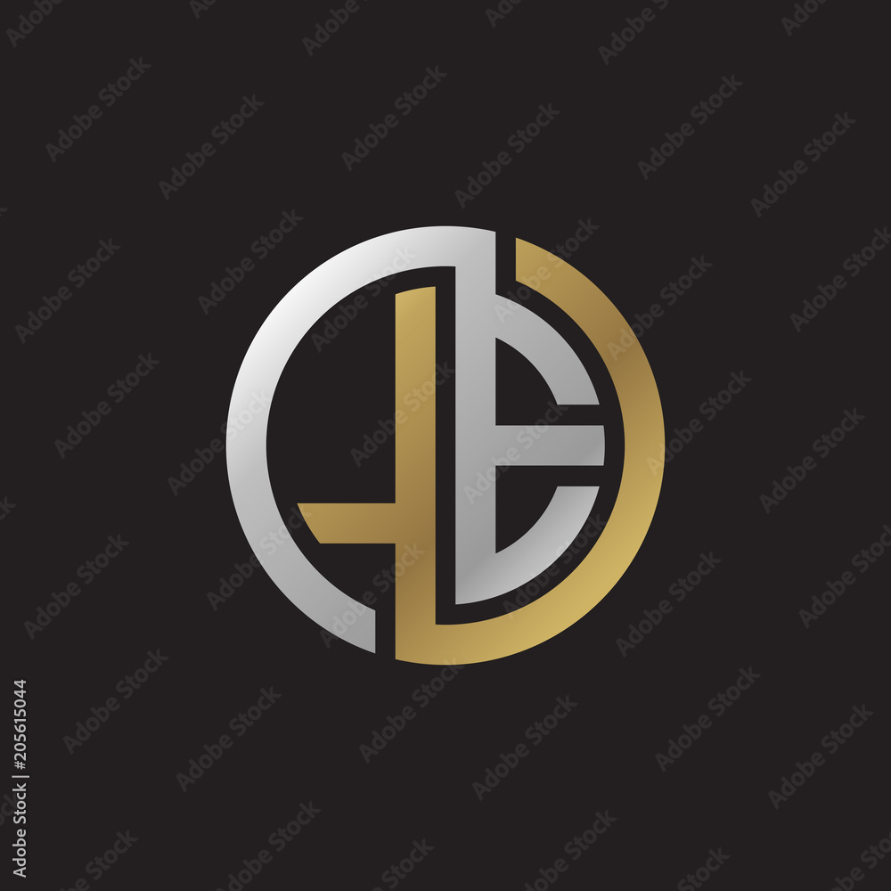 Initial letter LE, looping line, circle shape logo, silver gold color on black background Initial letter LE, looping line, circle shape logo, silver gold color on black background