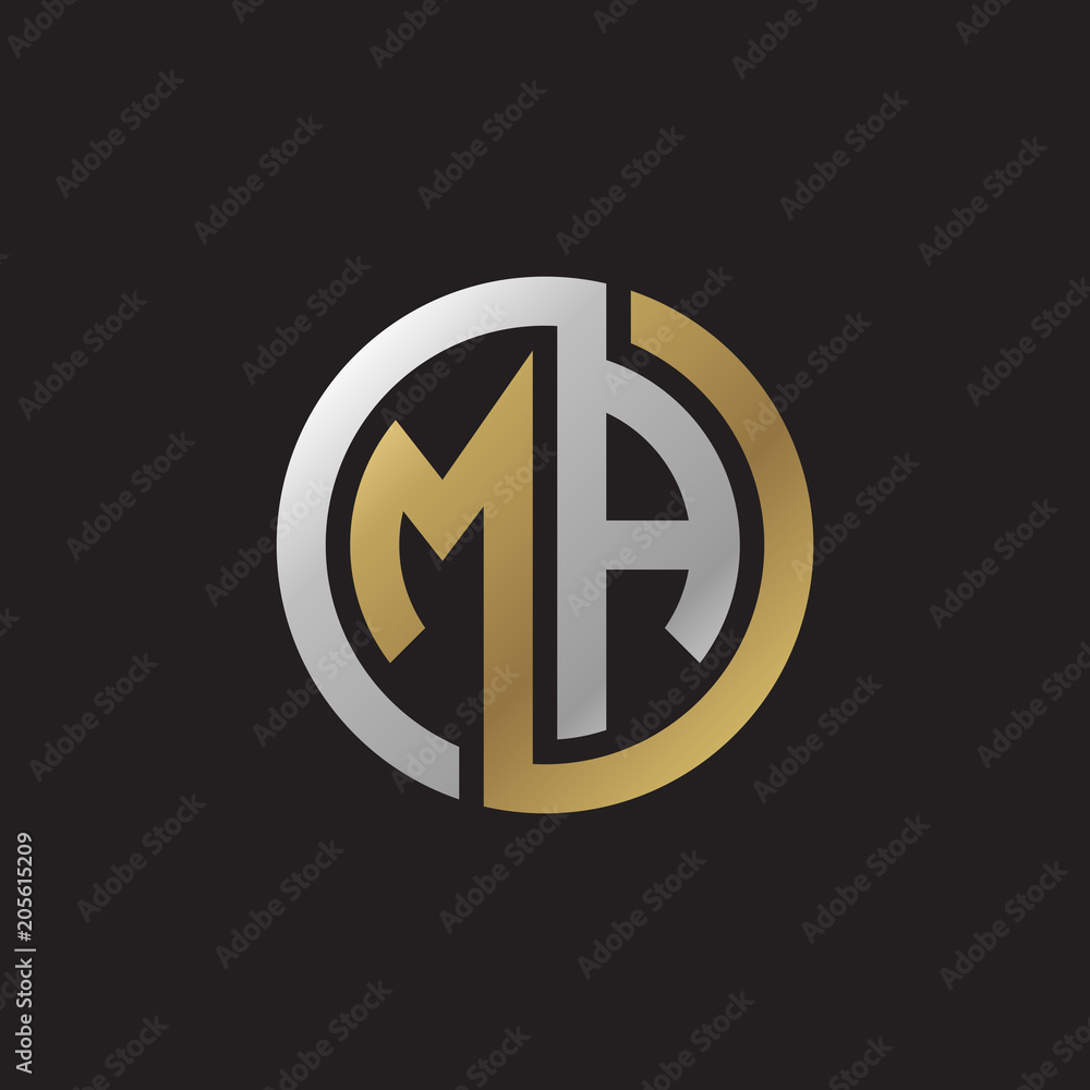 Initial letter MA, looping line, circle shape logo, silver gold color ...