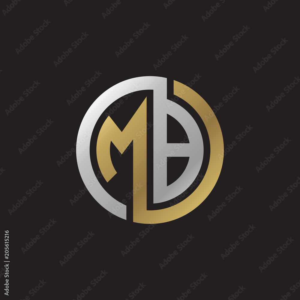 Initial letter MB, looping line, circle shape logo, silver gold color on black background Initial letter MB, looping line, circle shape logo, silver gold color on black background