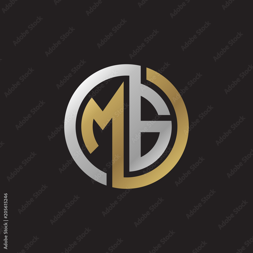 Initial letter MG, looping line, circle shape logo, silver gold color on black background Initial letter MG, looping line, circle shape logo, silver gold color on black background