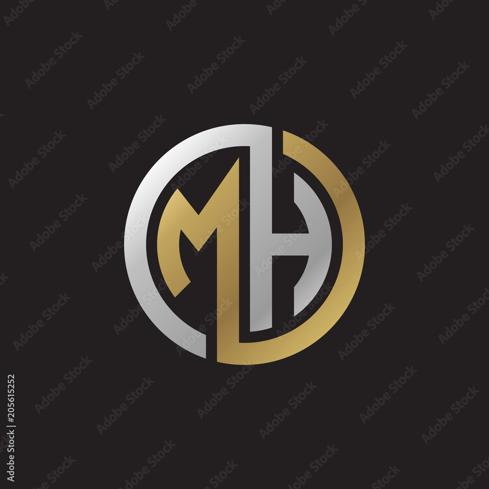 Initial letter MH, looping line, circle shape logo, silver gold color on black background Initial letter MH, looping line, circle shape logo, silver gold color on black background