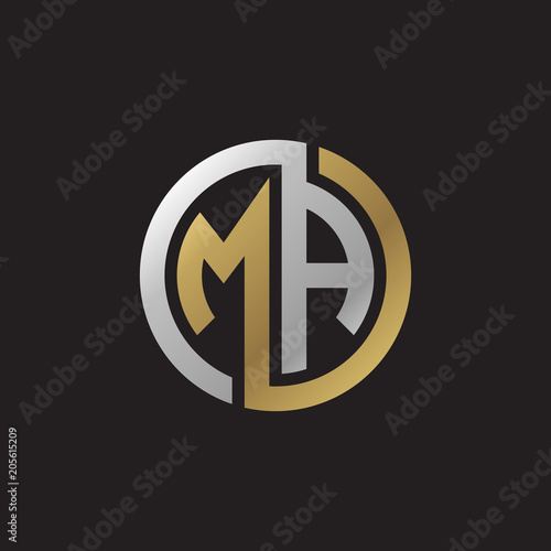 Initial letter MA, looping line, circle shape logo, silver gold color on black background photo
