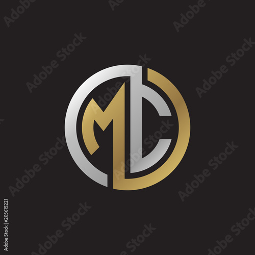Initial letter MC, looping line, circle shape logo, silver gold color on black background