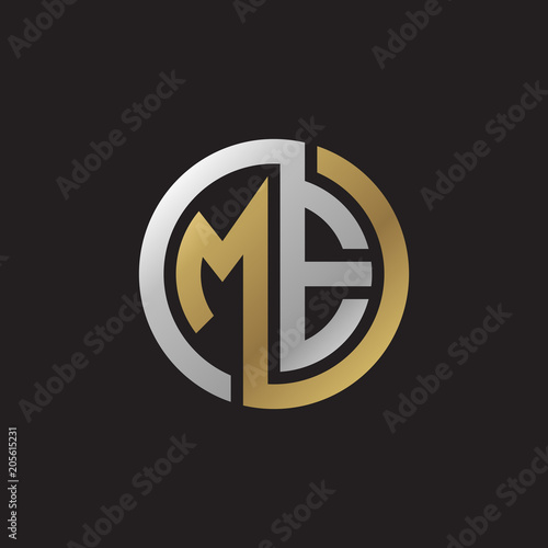 Initial letter ME, looping line, circle shape logo, silver gold color on black background