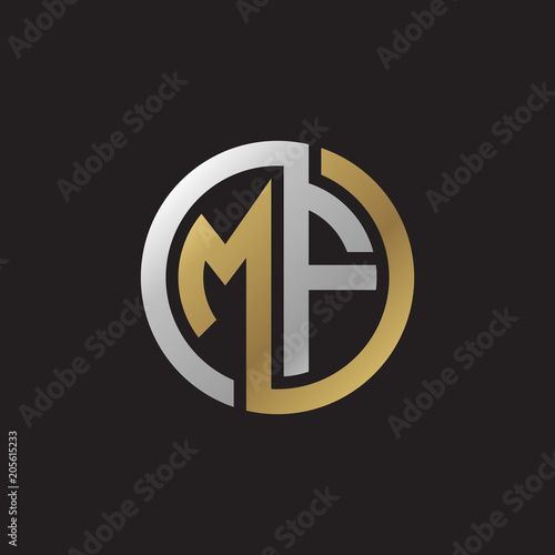 Initial letter MF, looping line, circle shape logo, silver gold color on black background photo