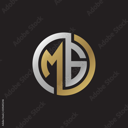 Initial letter MG, looping line, circle shape logo, silver gold color on black background