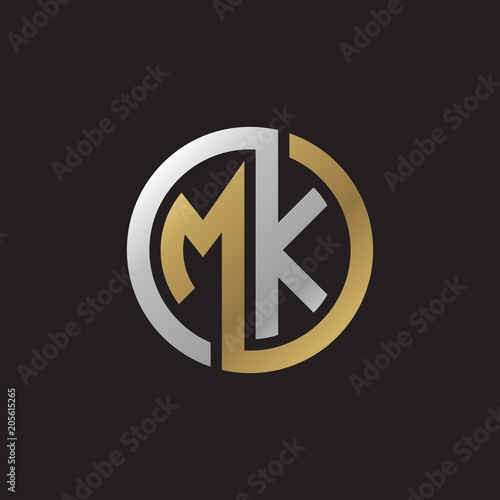 Initial letter MK, looping line, circle shape logo, silver gold color on black background photo