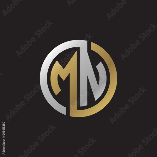 Initial letter MN, looping line, circle shape logo, silver gold color on black background