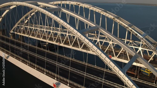 KERCH, RUSSIA, May 16, 2018: Aerial view of The Crimean Bridge, Kerch Bridge, colloquially the Kerch Strait Bridge with road and rail passages across the Kerch Strait, which will connect the Taman