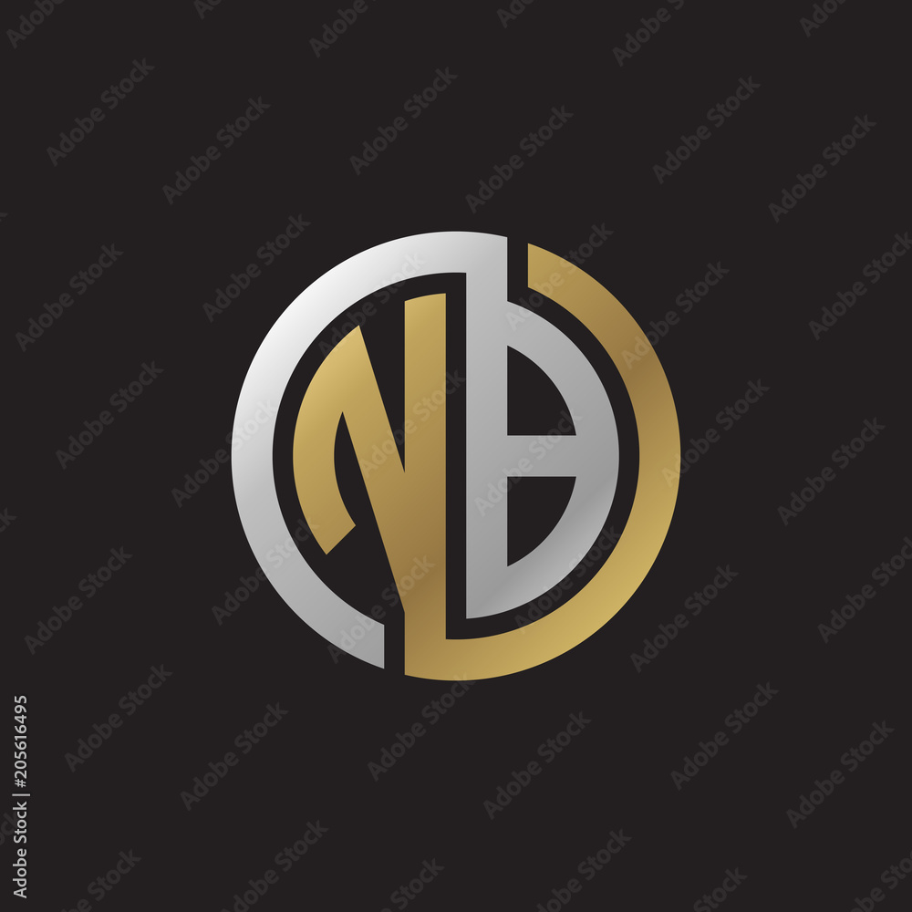 Initial letter NB, looping line, circle shape logo, silver gold color on black background Initial letter NB, looping line, circle shape logo, silver gold color on black background