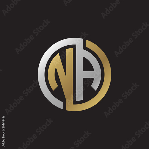 Initial letter NA, looping line, circle shape logo, silver gold color on black background photo