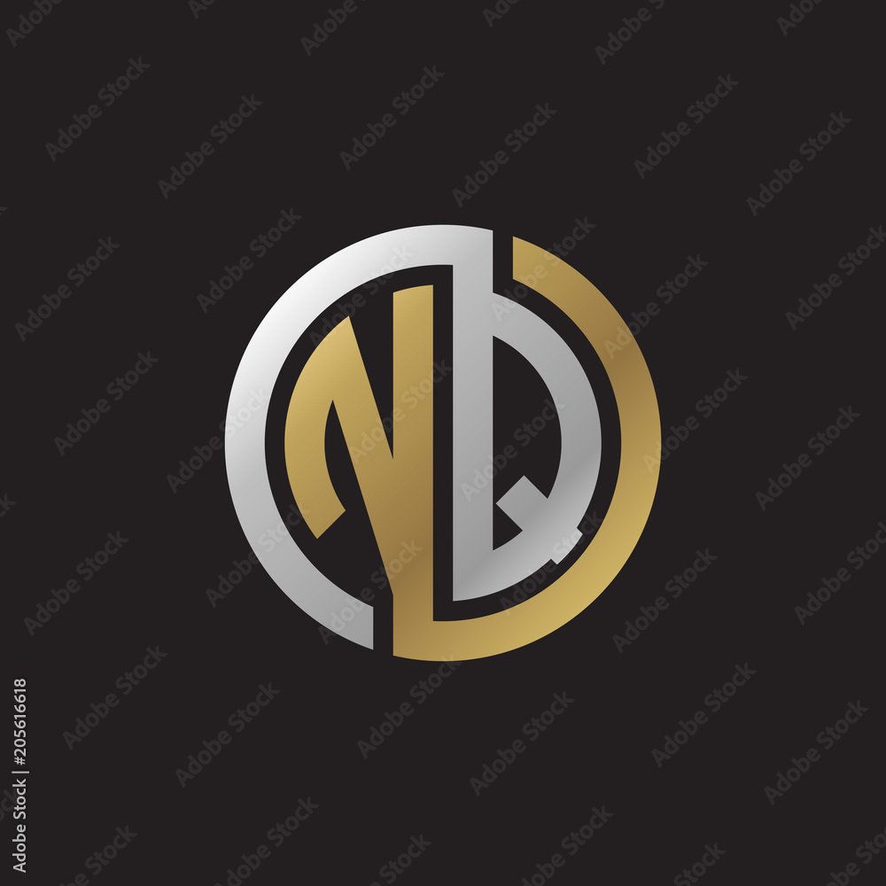 Initial letter NQ, looping line, circle shape logo, silver gold color on black background Initial letter NQ, looping line, circle shape logo, silver gold color on black background