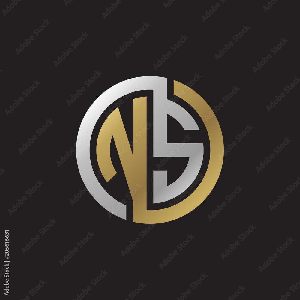 Initial letter NS, looping line, circle shape logo, silver gold color on black background Initial letter NS, looping line, circle shape logo, silver gold color on black background