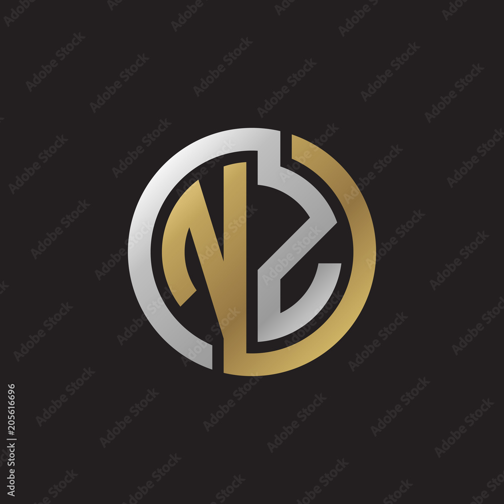 Initial letter NZ, looping line, circle shape logo, silver gold color on black background Initial letter NZ, looping line, circle shape logo, silver gold color on black background