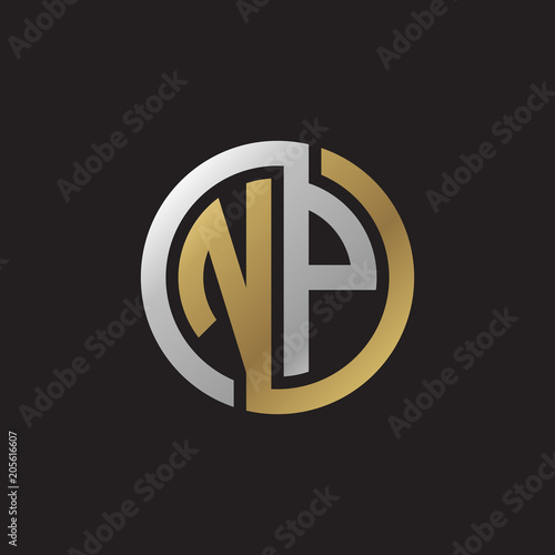 Initial letter NP, looping line, circle shape logo, silver gold color on black background