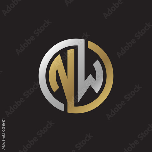 Initial letter NW, looping line, circle shape logo, silver gold color on black background photo