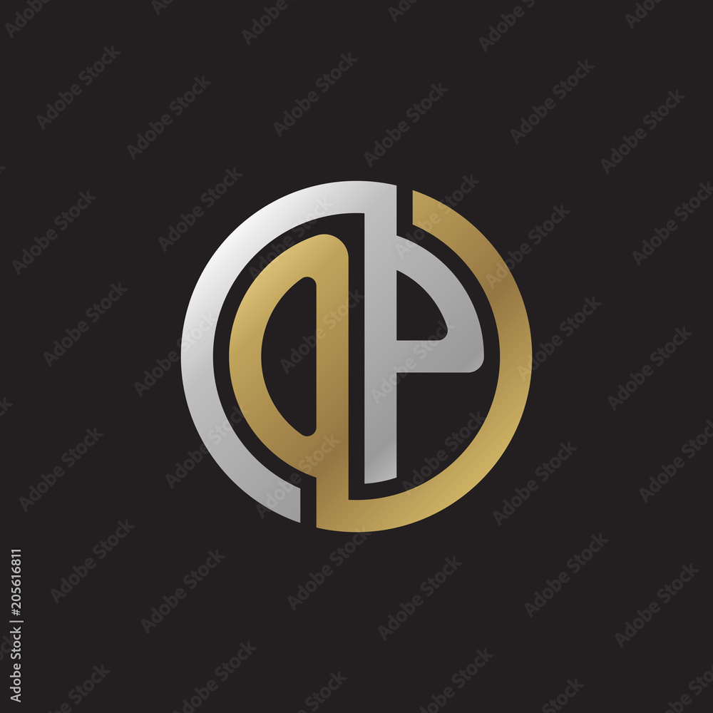 Fototapeta premium Initial letter OP, looping line, circle shape logo, silver gold color on black background