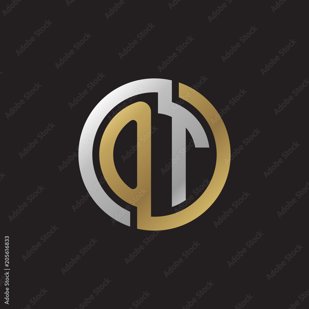 Initial letter OT, looping line, circle shape logo, silver gold color on black background