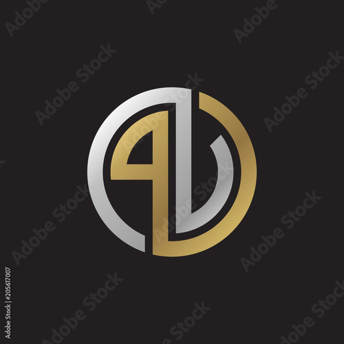 Initial letter PV, PU, looping line, circle shape logo, silver gold color on black background