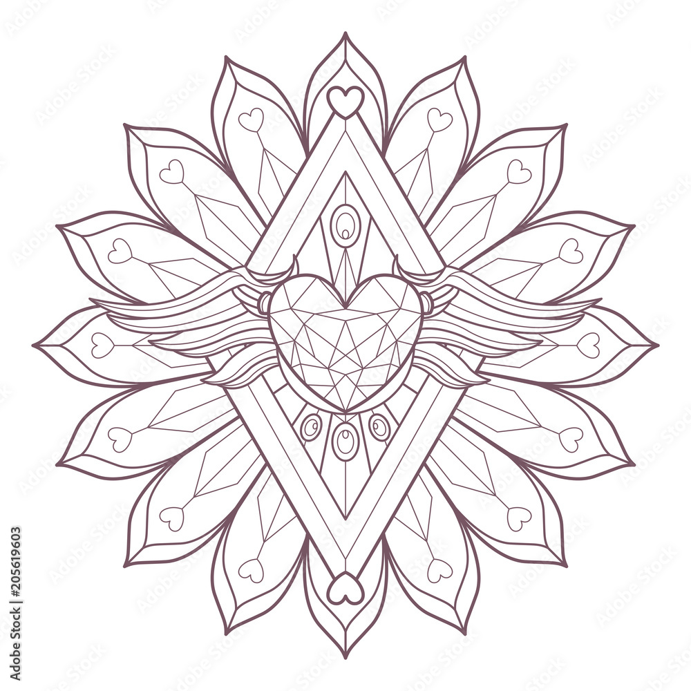 Line art of circular mandala with a heart diamond and wings