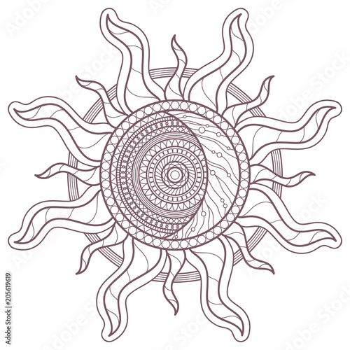 Line art of sun mandala designed for coloring books
