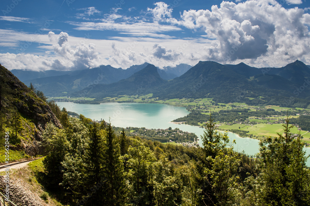View of Wolfgangsee (Lake Wolfgang) from the Schafberg Railway train, Salzkammergut, Austria
