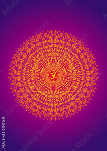 Mandala with a sign of Aum (Om, Ohm) in yellow-orange red and purple colors. Artistic ornament, spiritual symbol. Vector graphics.