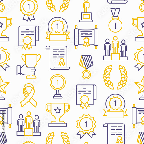 Awards seamless pattern with thin line icons: trophy, medal, cup, star, statuette, ribbon. Modern vector illustration of prizes for competition.