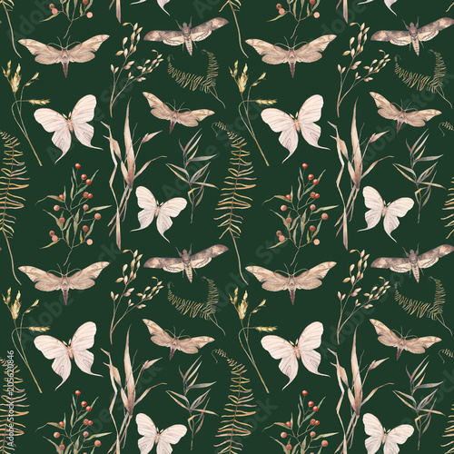 Butterfly wallpaper - Wall mural Watercolor butterfly and summer field herbs seamless pattern. Hand painted texture with botanical elements on dark green background. Natural repeating ornament