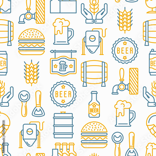 Craft beer seamless pattern with thin line icons related to Octoberfest: beer pack, hop, wheat, bottle opener, manufacturing, brewing, tulip glass, mag with foam, can. Modern vector illustration.
