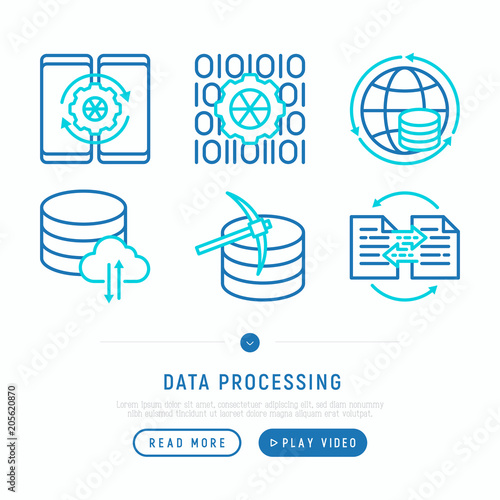 Data processing with thin line icons: deep learning, mobile syncing, modeling API, usage, tracking, cloud database. Modern vector illustration, web page template.