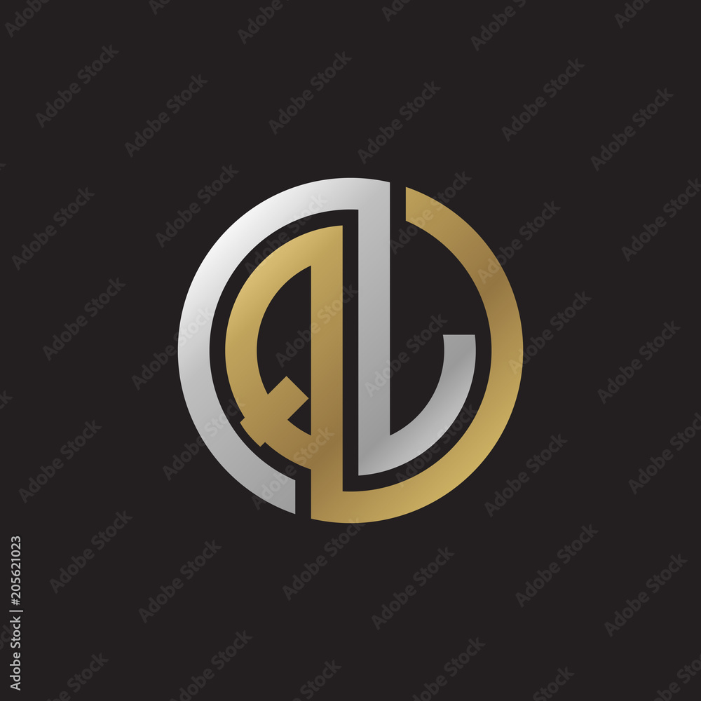 Initial letter QJ, QL, looping line, circle shape logo, silver gold color on black background Initial letter QJ, QL, looping line, circle shape logo, silver gold color on black background