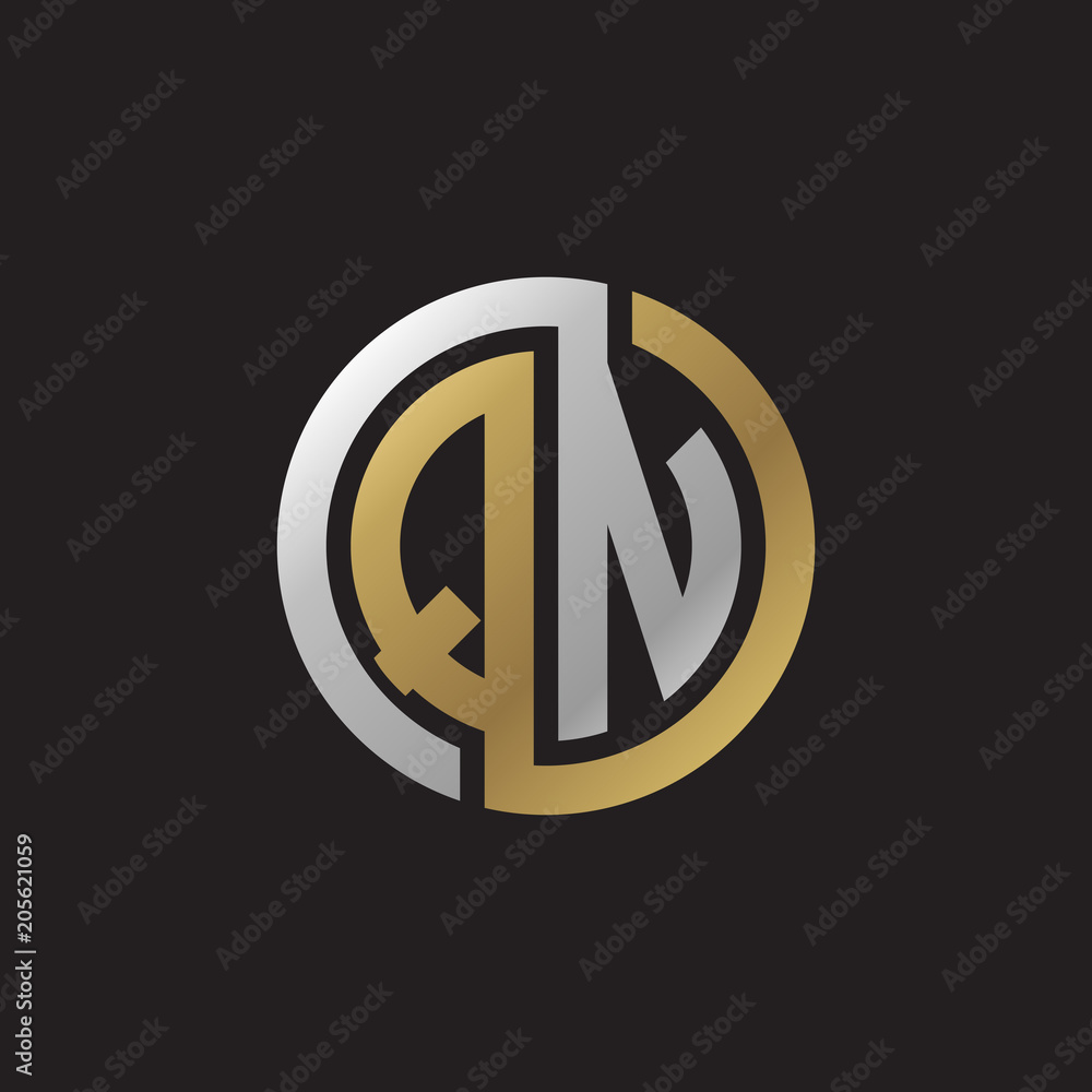 Initial letter QN, looping line, circle shape logo, silver gold color on black background Initial letter QN, looping line, circle shape logo, silver gold color on black background