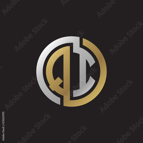 Initial letter QI, looping line, circle shape logo, silver gold color on black background