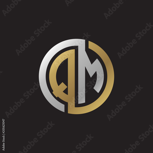 Initial letter QM, looping line, circle shape logo, silver gold color on black background