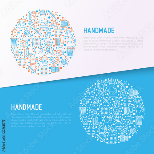 Handmade concept in circle with thin line icons: sewing machine, knitting, needlework, drawing, embroidery, scissors, threads, yarn, pin. Vector illustration, template for workshop, print media.