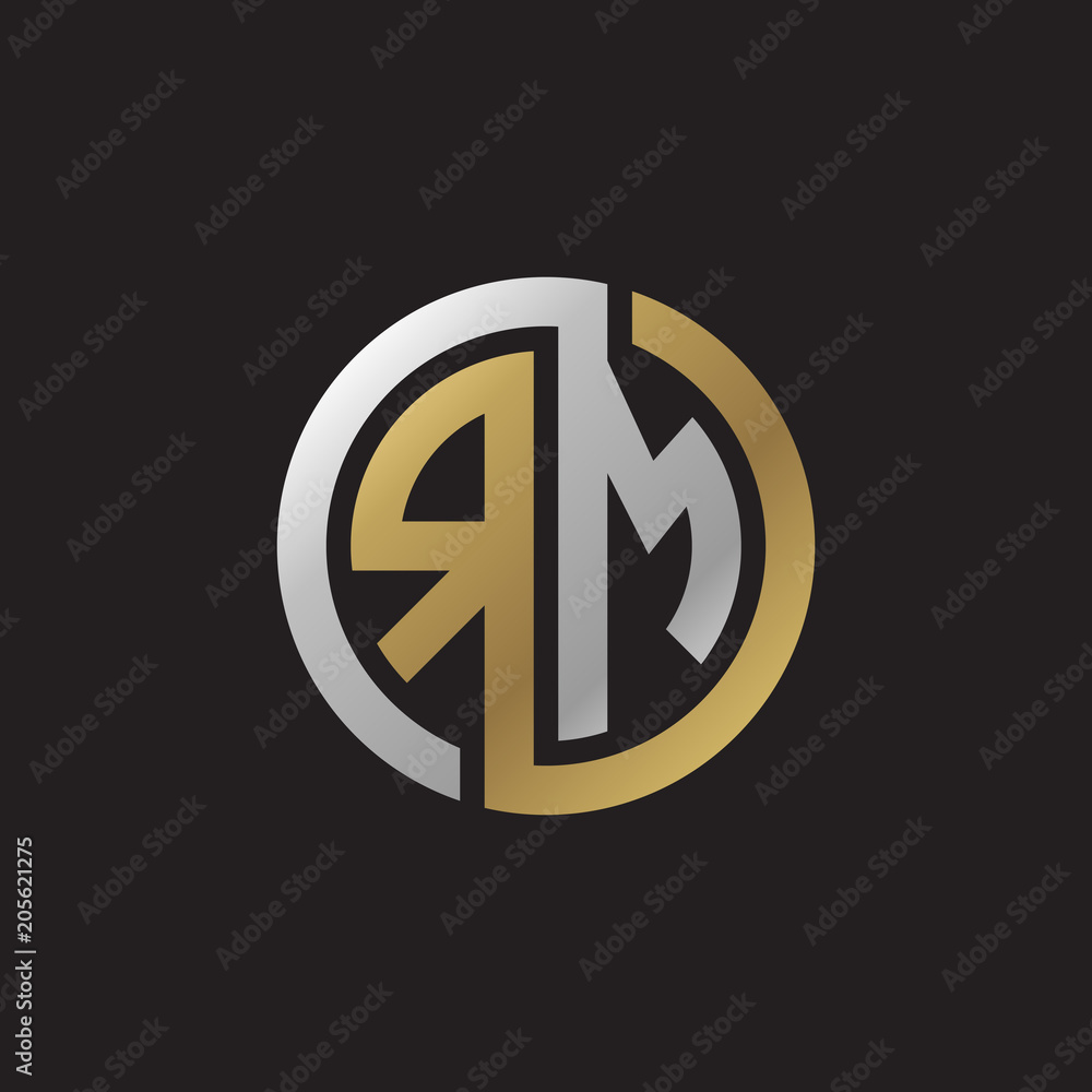 Initial letter RM, looping line, circle shape logo, silver gold color on black background Initial letter RM, looping line, circle shape logo, silver gold color on black background