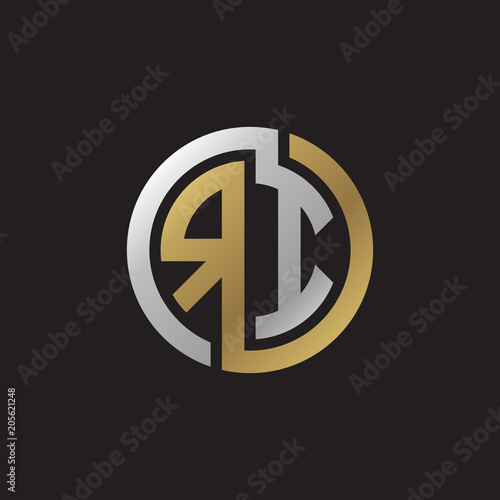 Initial letter RI, looping line, circle shape logo, silver gold color on black background