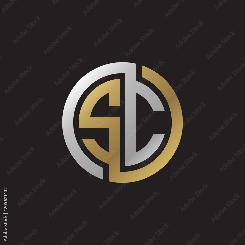Initial letter SC, looping line, circle shape logo, silver gold color on black background Initial letter SC, looping line, circle shape logo, silver gold color on black background